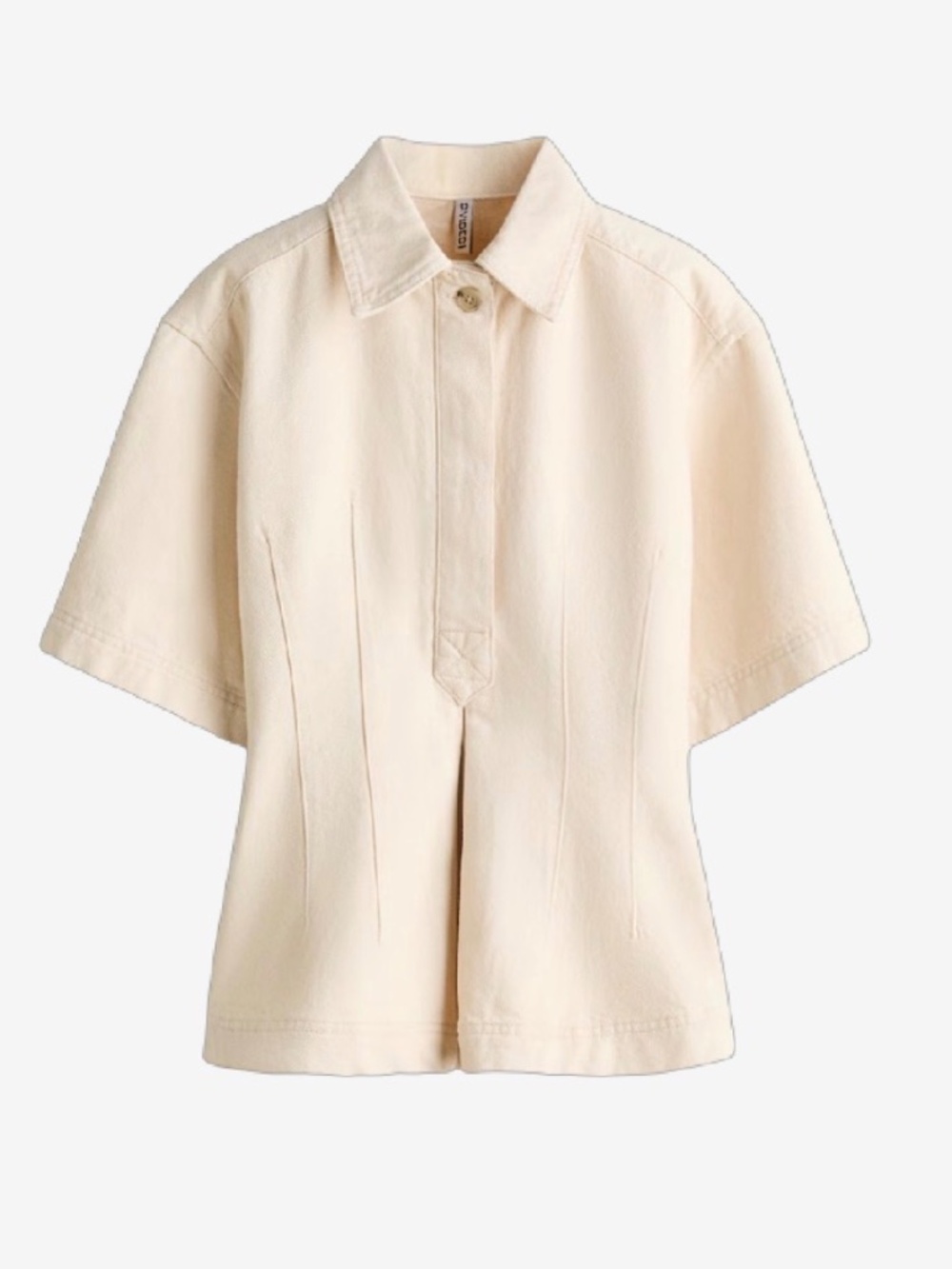 H&M cream denim short sleeve shirt with peplum waist and button neck